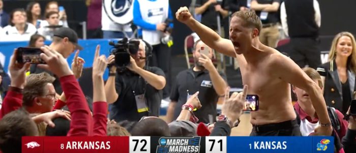 Arkansas Coach Eric Musselman Celebrated His Team Upsetting No. 1 Kansas By Ripping His Shirt Off