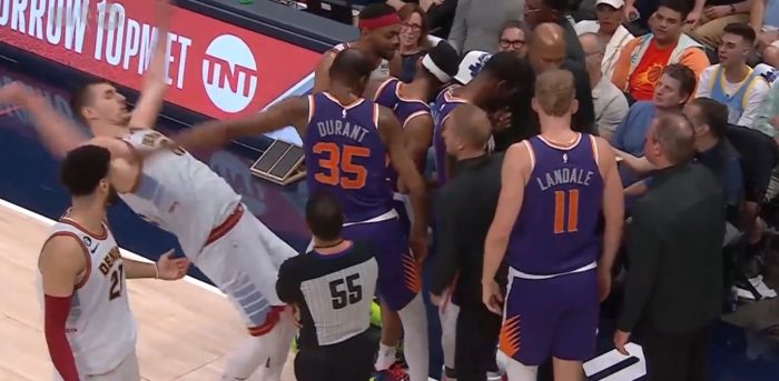 Kevin Durant Shoved Nikola Jokic While Bruce Brown Tried Sneaking Into A Suns Huddle
